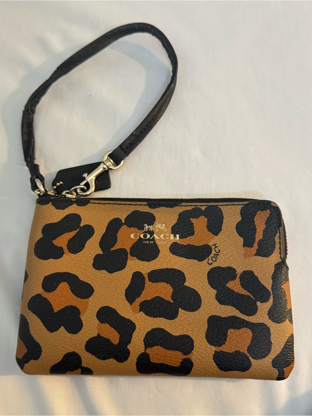 COACH Leopard-Print Leather Wristlet in Tan and Black